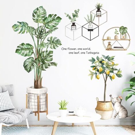 Stickers muraux feuilles vertes plantes tropicales, stickers muraux palmiers, décoration murale chat citronnier pour chambre salon salle de classe bureau décoration de la maison