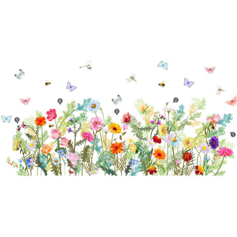 Stickers Muraux Fleur de Jardin Autocollant Mural Stickers Muraux Fleur Plante Papillon Décoration Murale pour Fond de Canapé Chambre Salon (Fleurs)