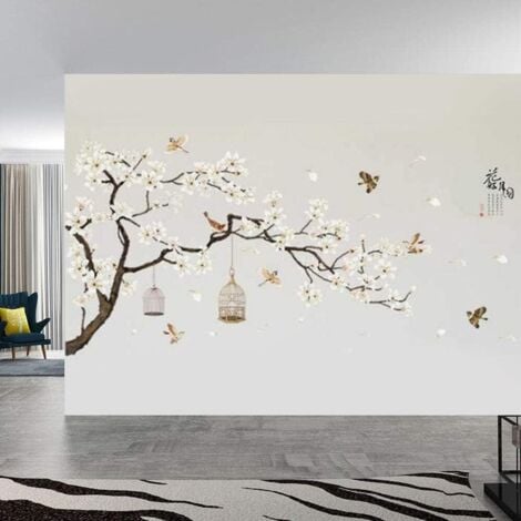 DEVENIRRICHE Stickers Muraux Fleurs Arbre Oiseau, Stickers Muraux Arbre Élégant Belle Maison Arrière Plans Grande Taille Décalcomanie Pour Salon Chambre Bricolage Vinyle Chambres Décoration 187 × 128 Cm