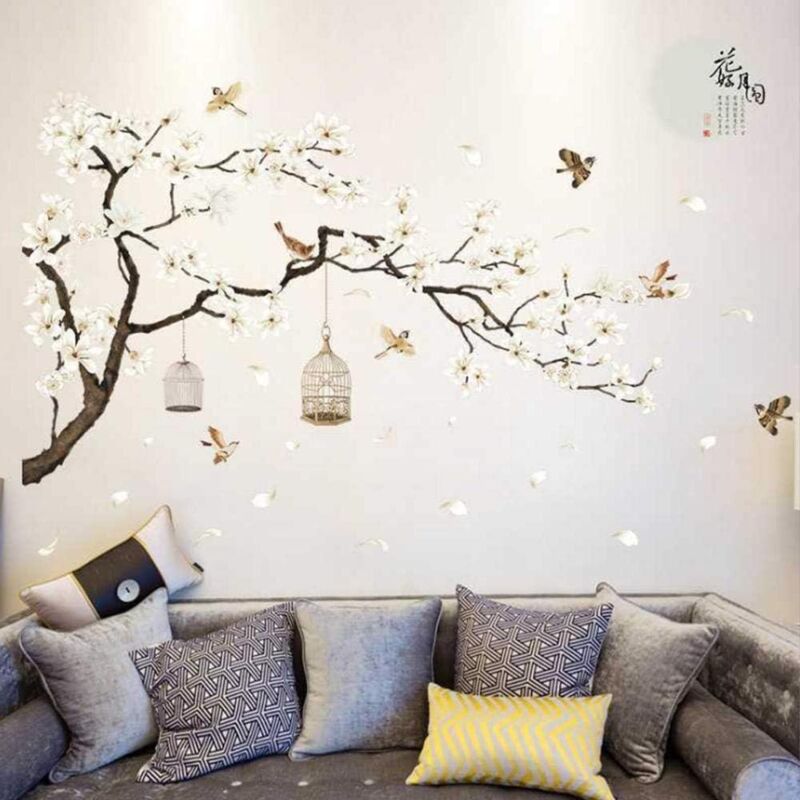 Stickers Muraux Fleurs Arbre Oiseau, Stickers Muraux Arbre élégant Belle Maison Arrière Plans Grande Taille Décalcomanie Pour Salon Chambre Bricolage