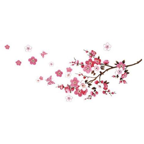 stickers Muraux Fleurs De Cerisier Avec Papillons Rose Rouge (30x90 Cm)  Sakura Vigne Floral Branche Arbre Autocollant Sticker Mural Pour Salon Ch