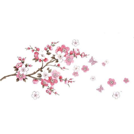stickers Muraux Fleurs De Cerisier Avec Papillons Rose Rouge  I Sakura Vigne Floral Branche Arbre Autocollant Sticker Mural Pour Salon Chambre Cui