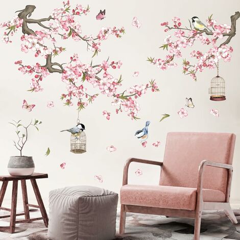 Stickers muraux Fleurs Oiseaux autocollant sticker mural roses cerisier  arbre branche plantes pour salon couloir chambre d'enfant - Cdiscount Maison