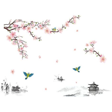 stickers Muraux Fleurs De Pcher & Oiseaux (240x150 Cm) I Autocollant Sticker Mural Roses Cerisier Arbre Branche Plantes Pour Salon Chambre Cuisine