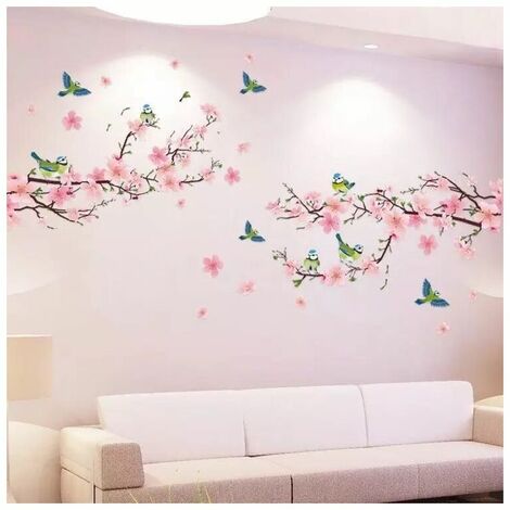 Stickers muraux FLEURS DE Pêche OISEAUX autocollant sticker mural roses cerisier arbre branche plantes pour salon chambre cuisine couloir chambre d'enfant