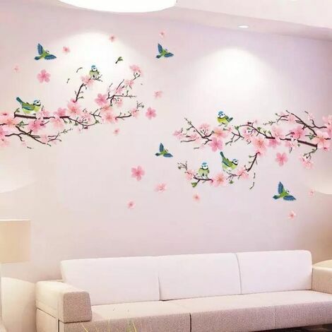 Stickers muraux FLEURS DE Pêche OISEAUX autocollant sticker mural roses cerisier arbre branche plantes pour salon chambre cuisine couloir chambre d'enfant