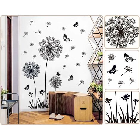 Stickers muraux FLEURS DE PISSENLIT noir (150x114cm) I papillon plantes branche arbre I autocollant sticker mural pour salon chambre cuisine bureau adulte enfant