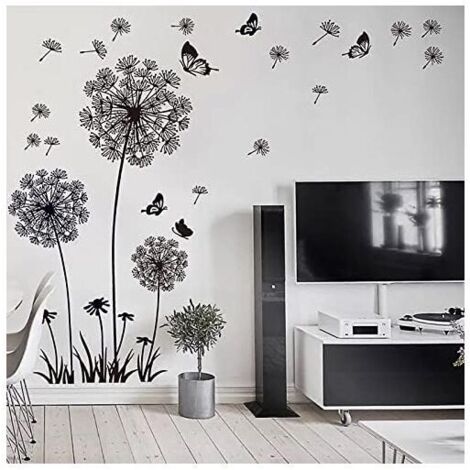 Stickers muraux FLEURS DE PISSENLIT noir 165x130 cm  I papillon plantes branche arbre I autocollant sticker mural pour salon cham