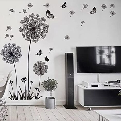 Stickers muraux FLEURS DE PISSENLIT noir (165x130 ) I papillon plantes branche arbre I autocollant sticker mural pour salon chambre cuisine bureau adulte enfant