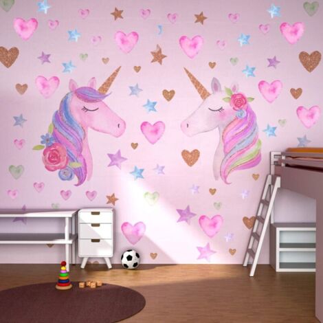Stickers Muraux Licorne - Autocollants Amovibles Licorne Motifs Cœur Et Étoiles, Stickers Muraux Licorne Membrane Réfléchissante, Pour Les Fêtes D'anniversaire Et La Pépinière Et Les Lits De Bé