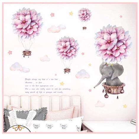 Stickers Muraux - Montgolfière Éléphant - Rose - Dessin Animé - 2 pièces 30x90 cm
