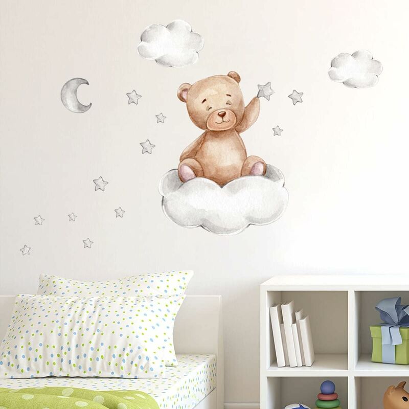 Stickers Muraux Ourson Amovible Stickers Muraux Enfants Lune Nuage Ours Mignon Star Stickers Muraux Enfants Lune Nuage pour Murs Portes Fenêtres