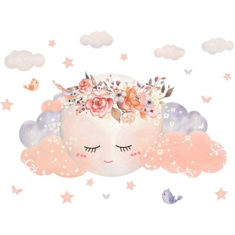 Stickers Muraux Pépinière Filles, 60 x 30 cm, Rose Stickers Muraux Chambre Bébé, Nuages ​​Mur Tatouage, Lune Enfants Chaud Stickers Muraux Filles Chambre Étoiles Fleurs Décoration Murale Cadeau