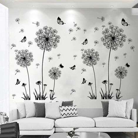 Stickers muraux pissenlit et papillon pour chambre, salon ou bureau - Noir