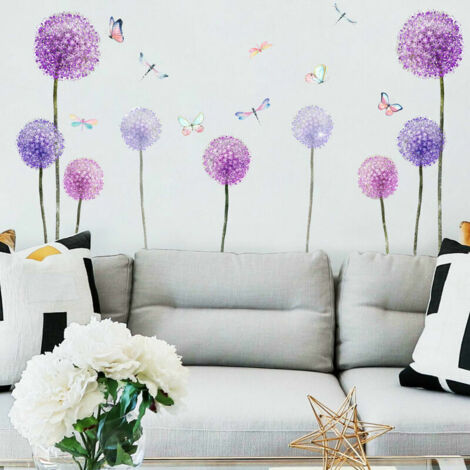 Stickers Muraux Pissenlits Violet Autocollants Mural Fls Papillons pour Chambre Enfants Fille Pépinière Salon Décoration Murale