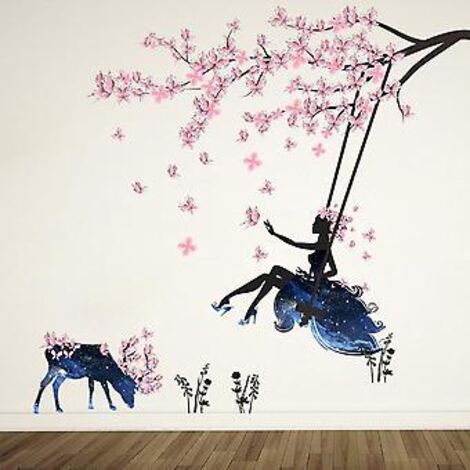 Stickers muraux représentant une fille sur une balançoire et une silhouette d'élan avec des papillons roses, autocollants muraux amovibles en vinyle pour la décoration intérieure, à faire soi-même, po