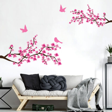 Stickers muraux Sticker Mural Autocollant - 2 BRANCHES DE CERISIER JAPONAIS ET 3 OISEAUX - adhésifs fond transparent - 30x40cm