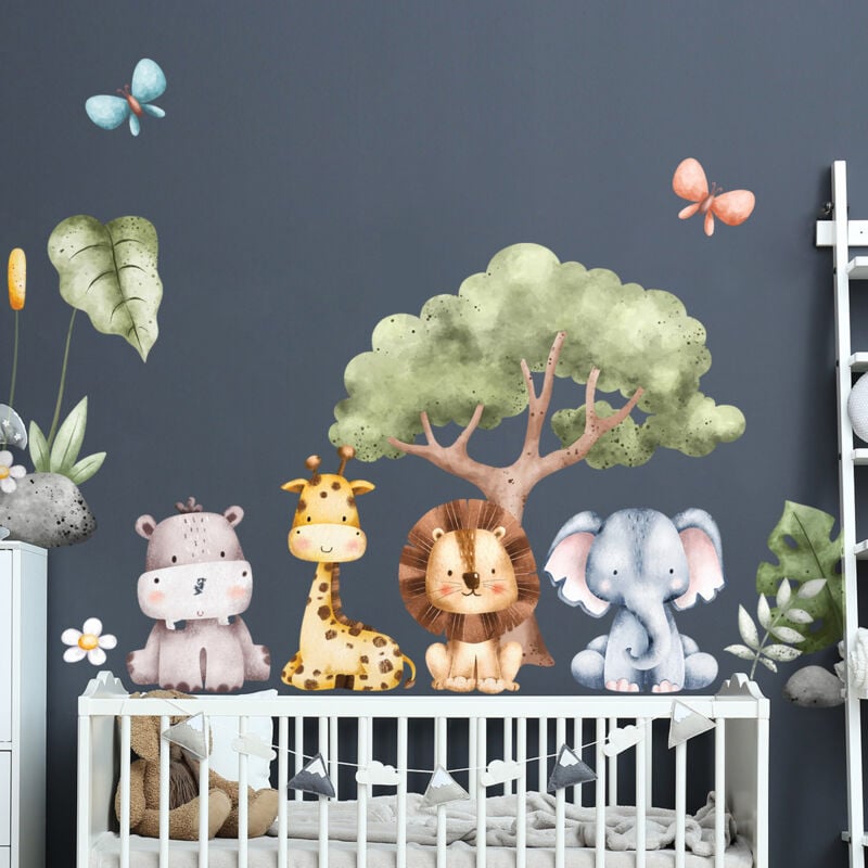 Stickers muraux Sticker Mural Autocollant - animaux de la jungle aquarelle - Stickers adhésifs - 60x90cm