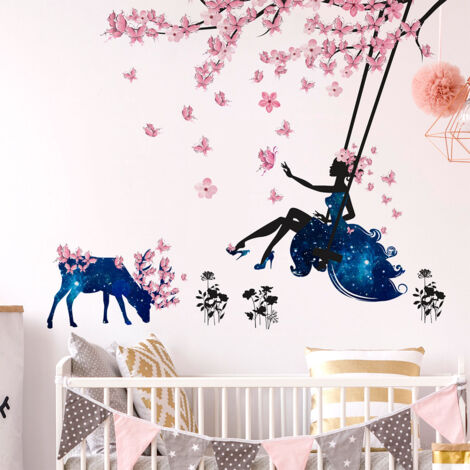 Stickers muraux Sticker Mural Autocollant - ARBRE PAPILLONS ET BALANÇOIRE - adhésifs fond transparent - 70x105cm