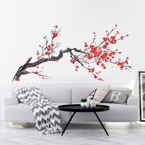 Stickers muraux Sticker Mural Autocollant - BRANCHE D'ARBRE FLEURI EN ROUGE - adhésifs fond transparent - 30x40cm
