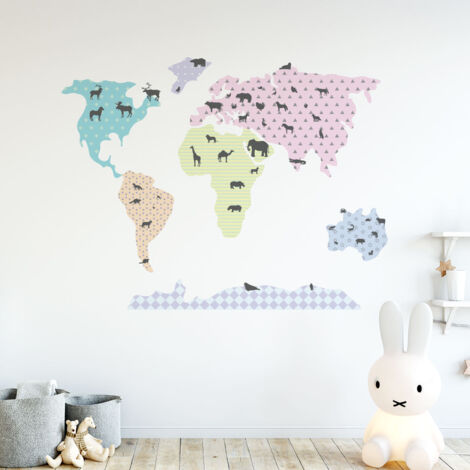 Stickers muraux Sticker Mural Autocollant - CARTE DU MONDE + LES ANIMAUX À COLLER - adhésifs fond transparent - 90x150cm