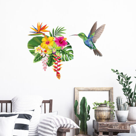 Stickers muraux Sticker Mural Autocollant - FLEURS TROPICALES ET COLIBRI - adhésifs fond transparent - 20x25cm
