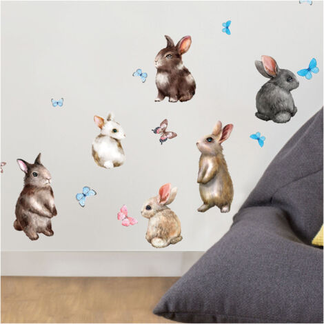 Stickers muraux Sticker Mural Autocollant - LAPINS ET PAPILLONS - adhésifs fond transparent - 30x40cm