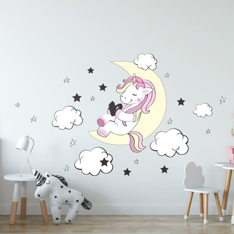 Stickers muraux Sticker Mural Autocollant - licorne ami de la lune et des étoiles - Stickers adhésifs - 105x70cm