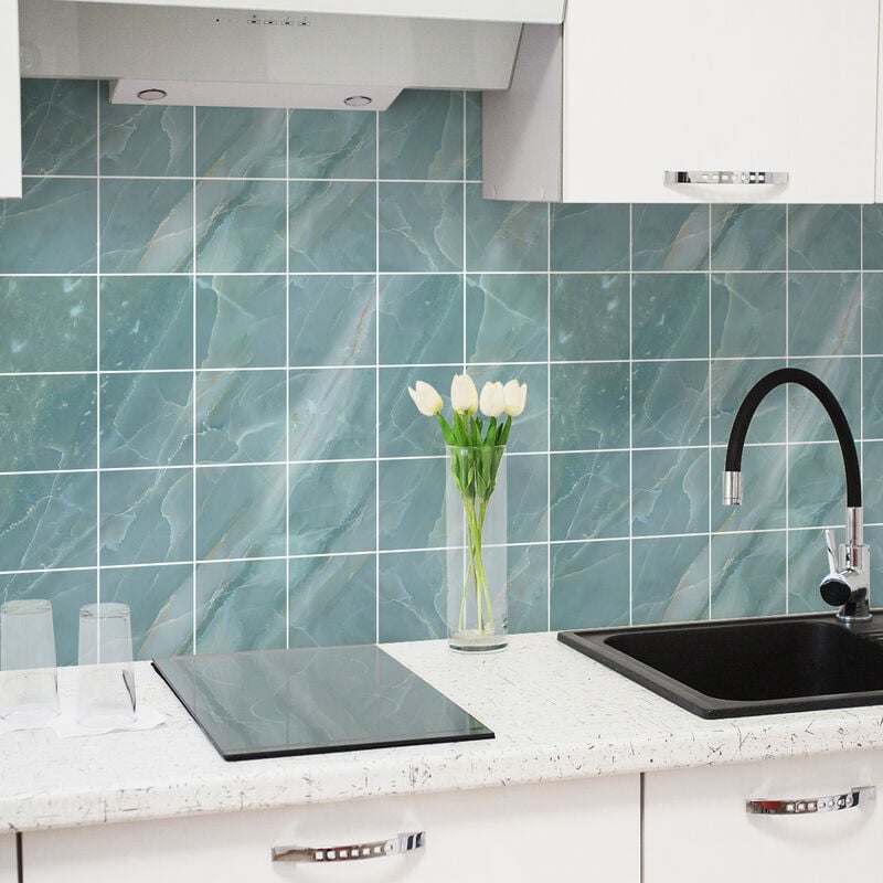 Sticker Mural Carrelage adhésif Cuisine Salle de Bain - 24 stickers carrelages marbre bleu de thela - 24stickers10x10cm