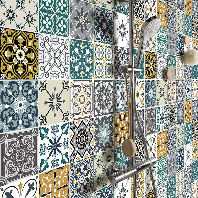 Sticker Mural Carrelage adhésif Cuisine Salle de Bain - 30 stickers carreaux de ciment manona - 30stickers15x15cm