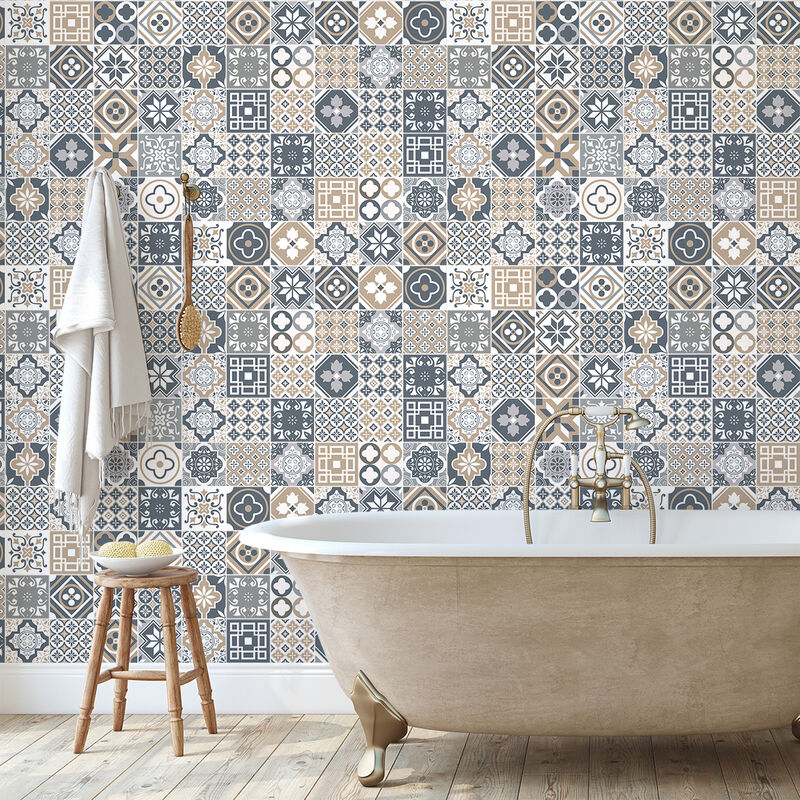 Sticker Mural Carrelage adhésif Cuisine Salle de Bain - 60 stickers carreaux de ciment geolina - 60stickers10x10cm