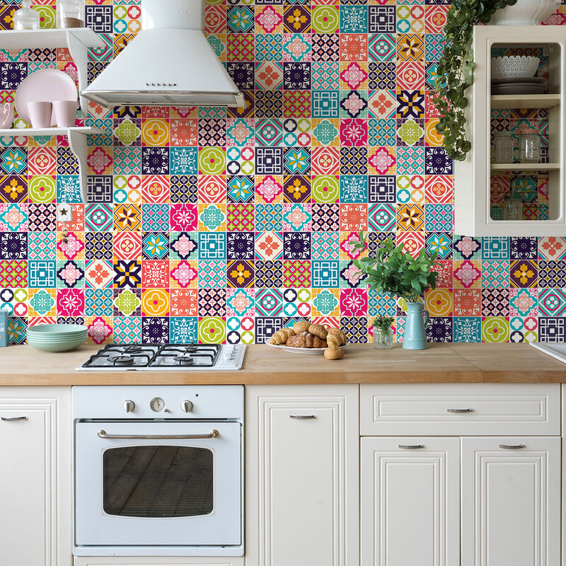 Sticker Mural Carrelage adhésif Cuisine Salle de Bain - 60 stickers carreaux de ciment liliah - 60stickers10x10cm