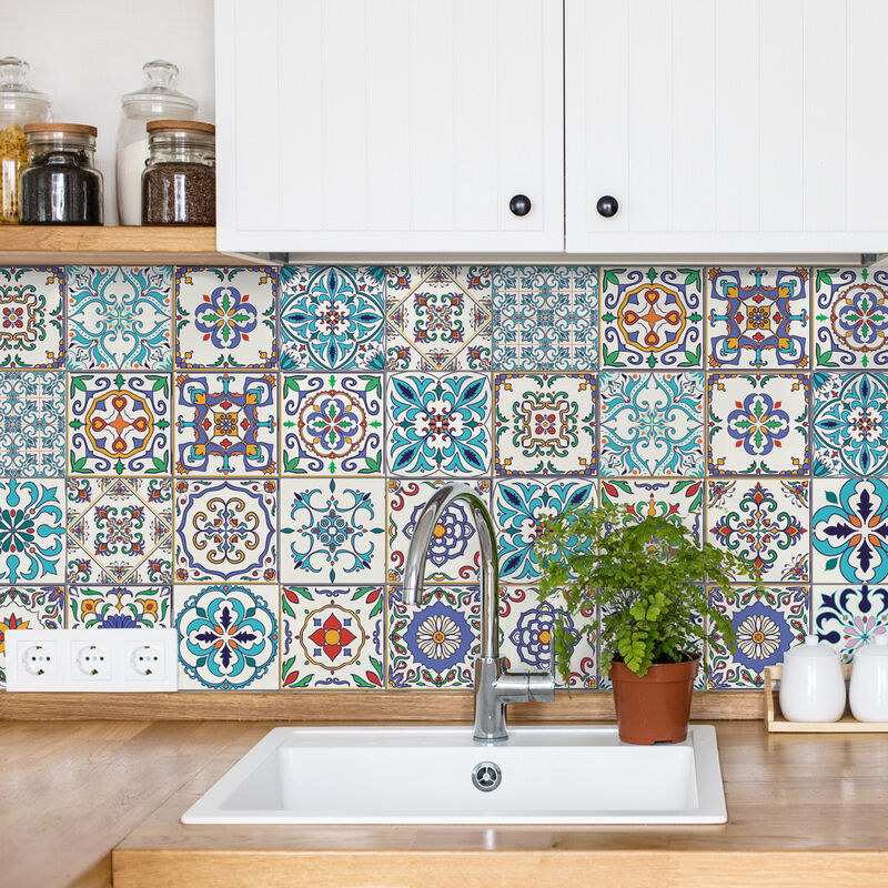 Sticker Mural Carrelage adhésif Cuisine Salle de Bain - 60 stickers carrelages azulejos ludivina - 60stickers10x10cm