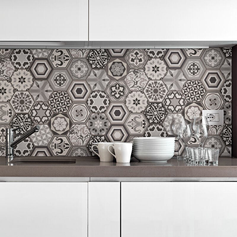 Sticker Mural Carrelage adhésif Cuisine Salle de Bain - carrelages hexagones nuances de gris mosaïque - 28stickershexagones10x9cm