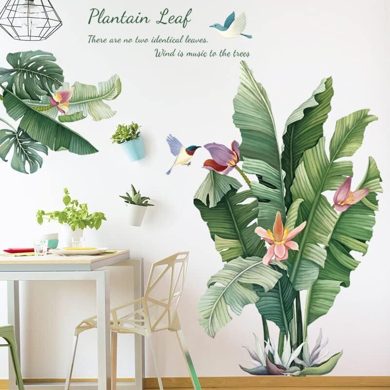 Stickers muraux, stickers plantes vertes, motifs de plantes tropicales - peinture décorative de feuilles de bananier vertes sur fond frais.