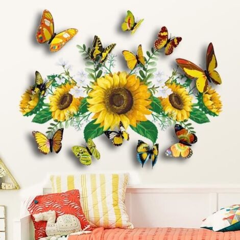 Stickers Muraux Tournesols Papillon Autocollant Mural Fleur de Jardin Décoration Murale Enfants Chambre Salon TV Mur