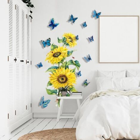 Stickers Muraux Tournesols Papillon Autocollant Mural Fleur de Jardin Décoration Murale Enfants Chambre Salon TV Mur