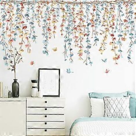 Stickers muraux végétaux suspendus, feuilles d'eucalyptus vertes amovibles, décoration murale végétale à faire soi-même pour chambre d'enfant, salon ou chambre à coucher.