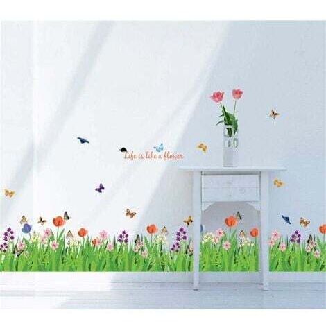 Stickers muraux Vert Herbe Fleurs avec Papillons Autocollant Décoratif pour Coin Mur Décor Enfants Chambre Plinthe Salon