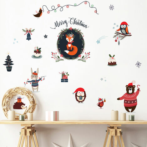 Stickers Noël animaux de la forêt Merry Christmas - Autocollants stickers adhésifs noël - décoration fêtes - 40x50cm
