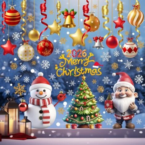 Stickers Noel Fenetre. 3D Bonhomme Autocollants Noel Fenetre. 9 Feuilles de Neige Mignon et Père Noël Renne pour DIY Decoration Fenêtre Vitrines Intérieur Maison