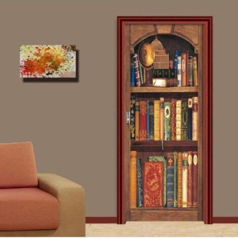 Stickers Porte Poster Bibliothèque 3D Papier Peint Porte Trompe l'œil pour Salon Décoration Maison Stickers Muraux