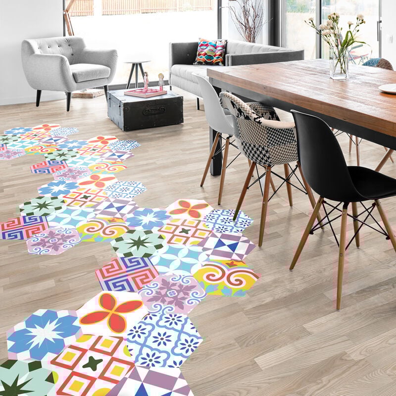 Stickers Sol Anti-dérapant avec Protection - tomettes sol géraldino - 60x135cm-10stickershexagones30x26cm