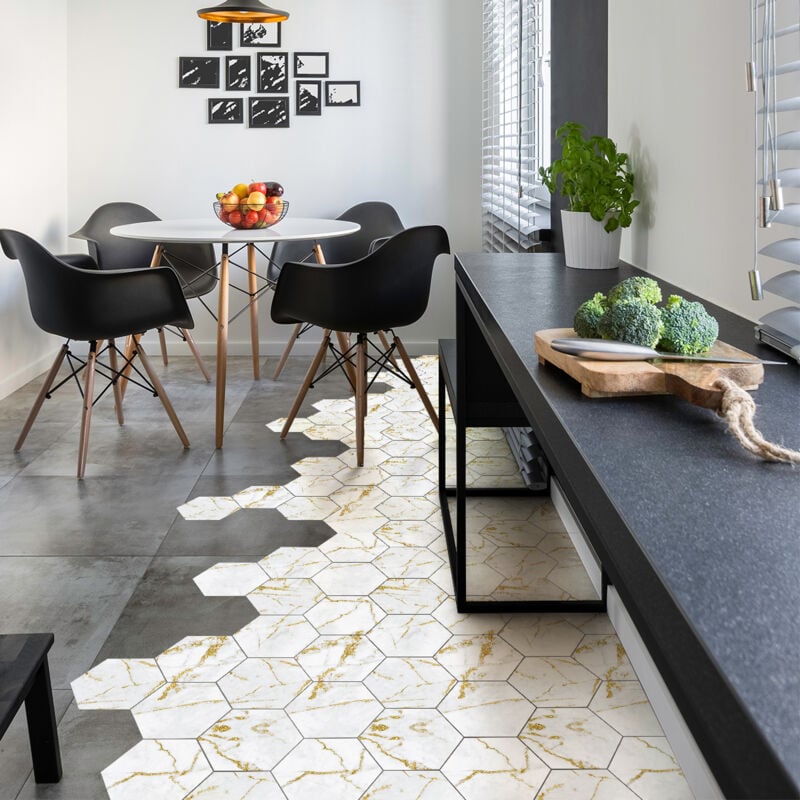 Stickers Sol Anti-dérapant avec Protection - tomettes marbre artemida - 40x90cm-10stickershexagones20x18cm