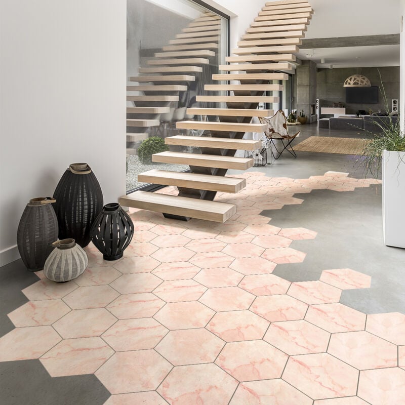 Stickers Sol Anti-dérapant avec Protection - tomettes marbre monaco - 40x90cm-10stickershexagones20x18cm