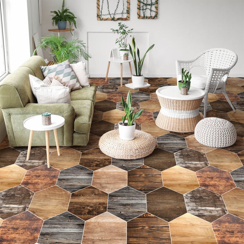 Stickers Sol Anti-dérapant avec Protection - TOMETTES PARQUET VINTAGE - 40x90cm-10stickershexagones20x18cm