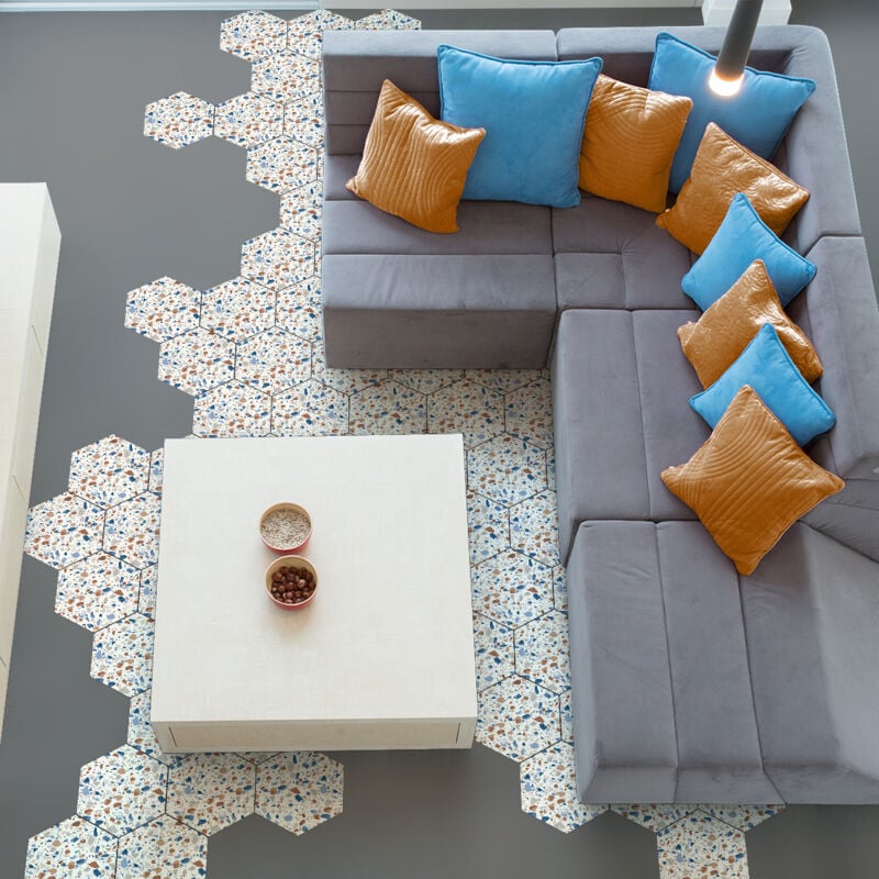 Stickers Sol Anti-dérapant avec Protection - tomettes terrazzo corleone - 40x90cm-10stickershexagones20x18cm