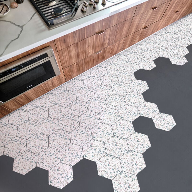 Stickers Sol Anti-dérapant avec Protection - tomettes terrazzo nuccio - 60x135cm-10stickershexagones30x26cm