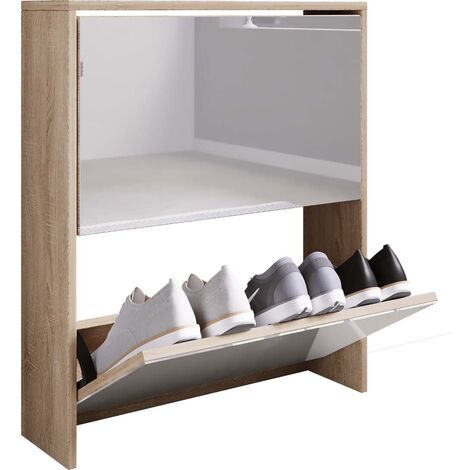 Meuble à chaussures design scandinave 2 portes abattantes 3 étagères  piètement effilé incliné bois hévéa panneaux aspect chêne clair chevrons