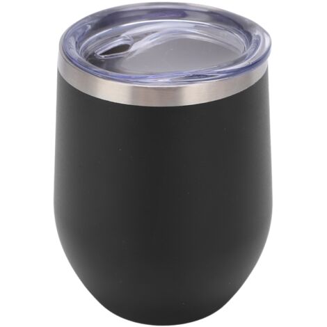 Stielloses, doppelwandiges, isoliertes Edelstahl-Weinglas (355 ml) für Cocktails, Kaffee und Eis, mit schwarzem Deckel